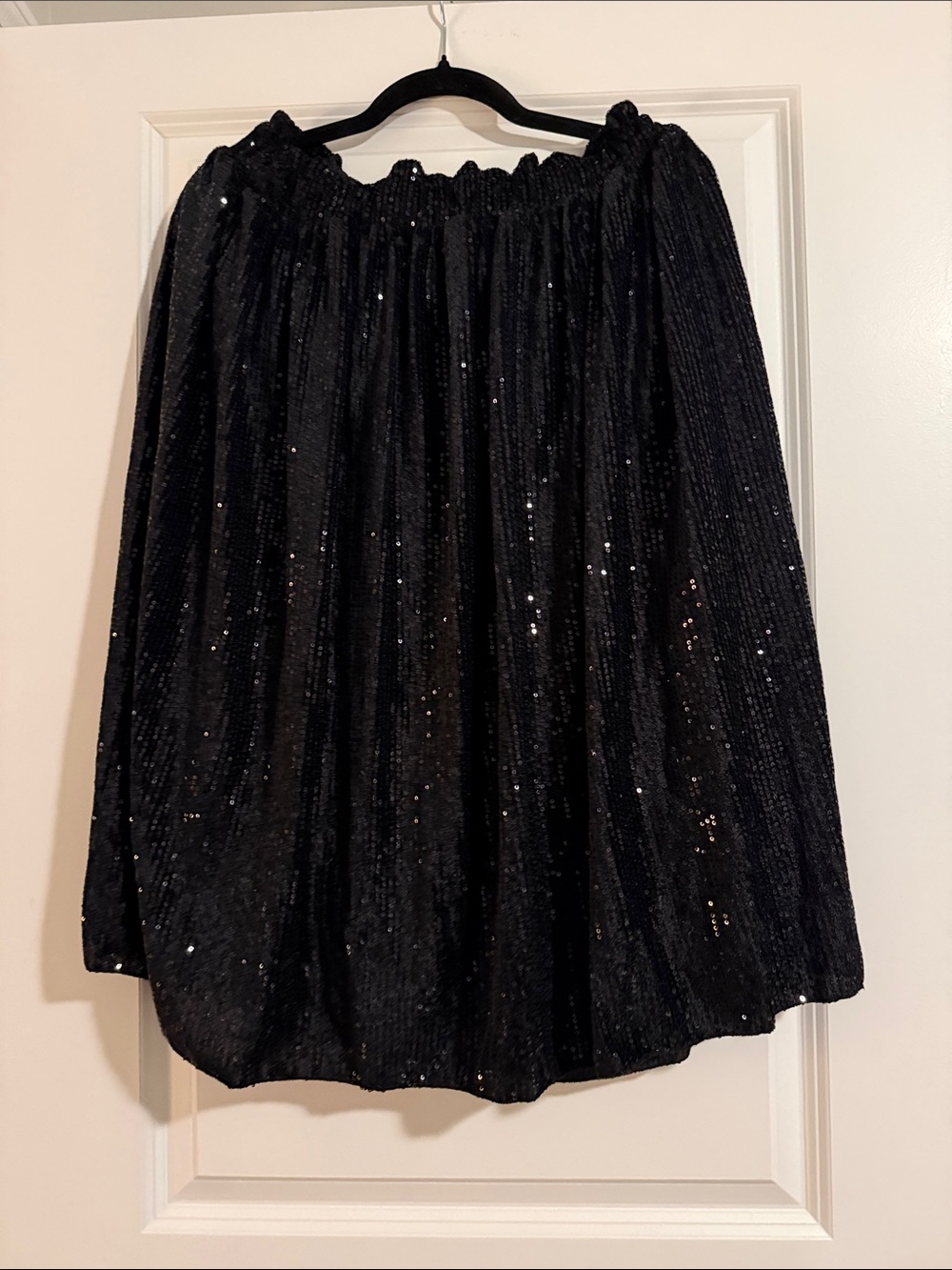 Black Sequin A-Line Midi Skirt with Elastic Waist